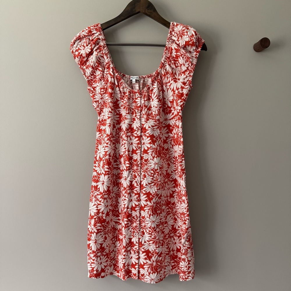 MADEWELL MARGIE BUTTON UP MINI DRESS IN ABSTRACT FLORA BRICK RED SIZE 2